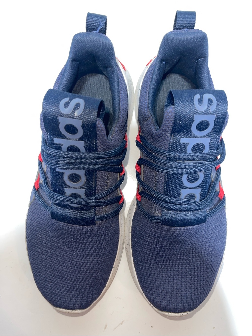 adidas Adapt 5.0 Navy Knit Sneakers with White Speckled Sole and Red Accents